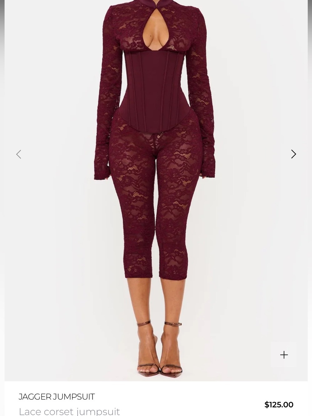 Burgundy Lace Panel Long-Sleeve jumpsuit with corset